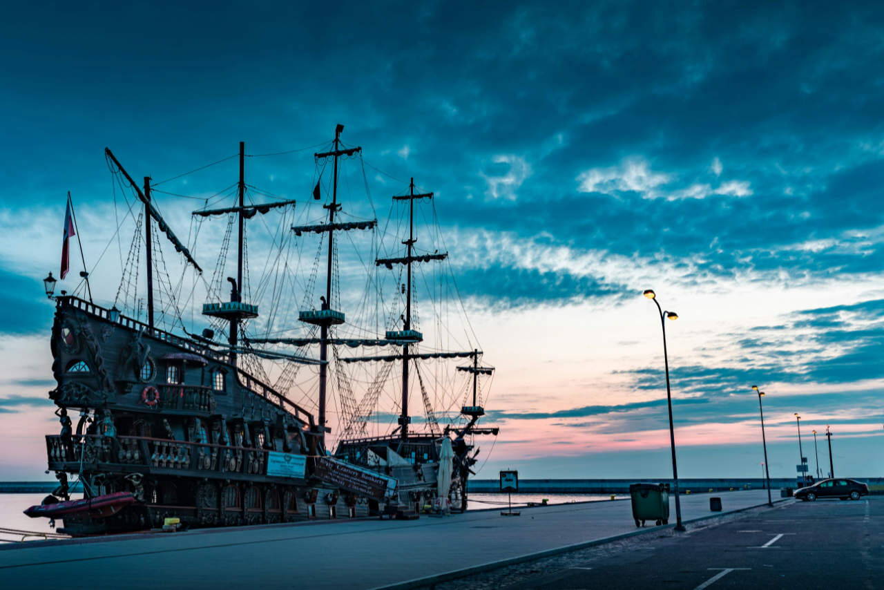 Pirate Ship in the Gdynia Harbour at sunrise.