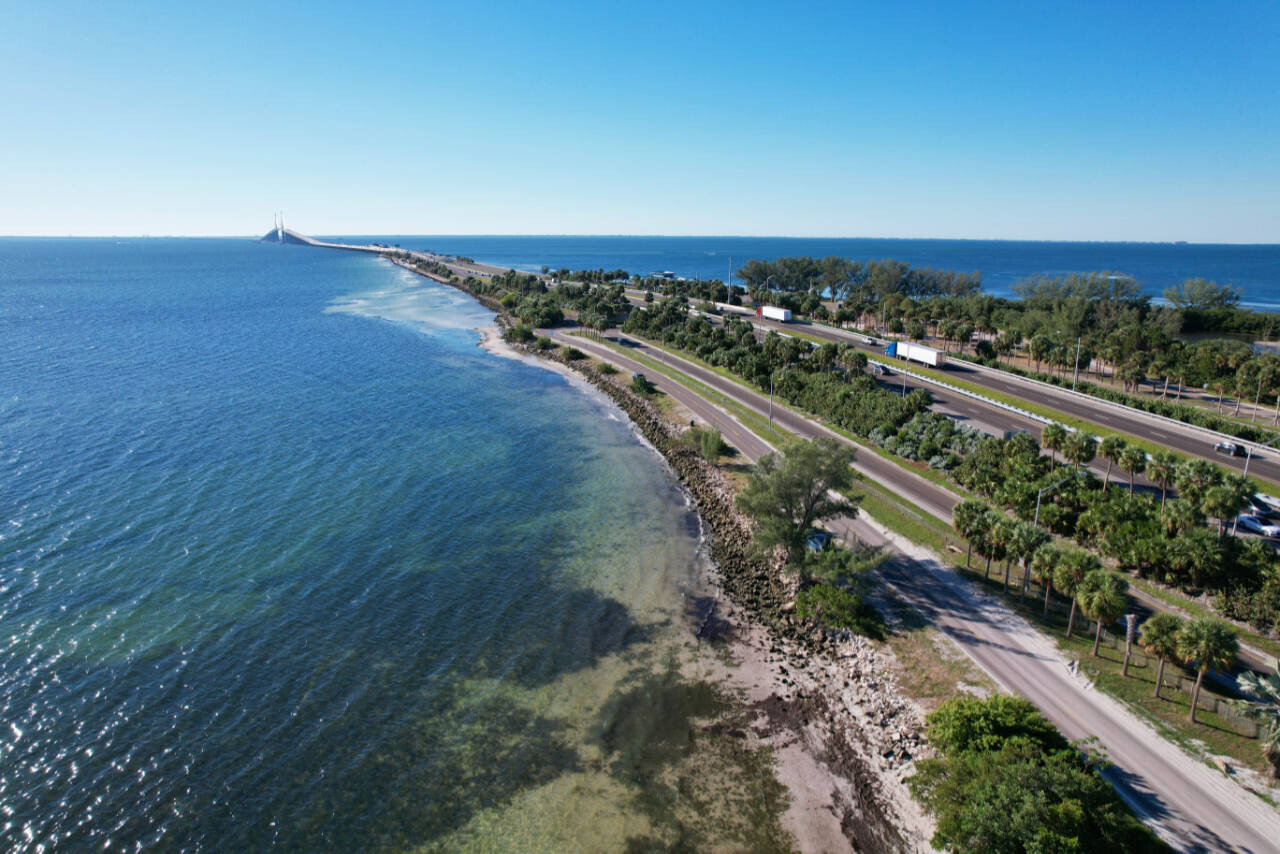 The beach road to Sunshine Skyway Bridge in St. Petersburg, Florida