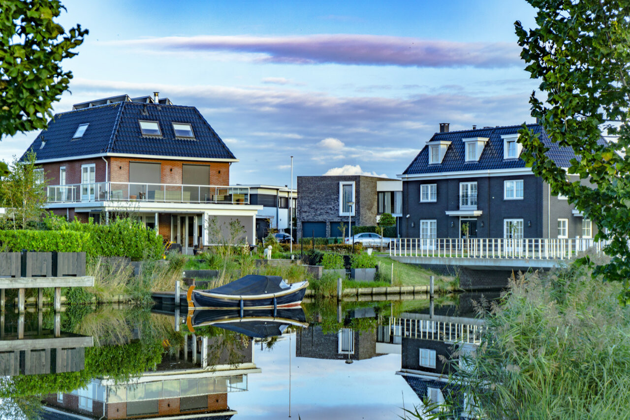 Waterfront houses in Almere Noorderplassen, Flevoland, The Netherlands