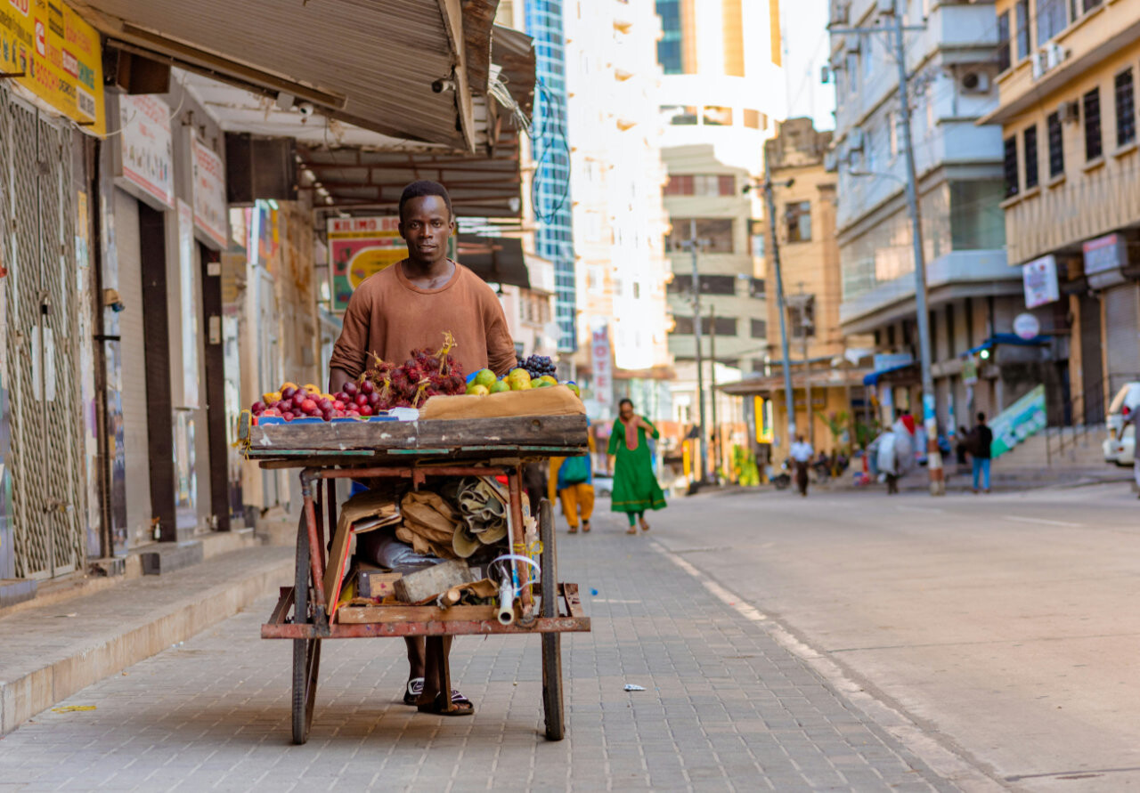 A street seller walking his stall selling vegetables in Dar es Salaam, Tanzania