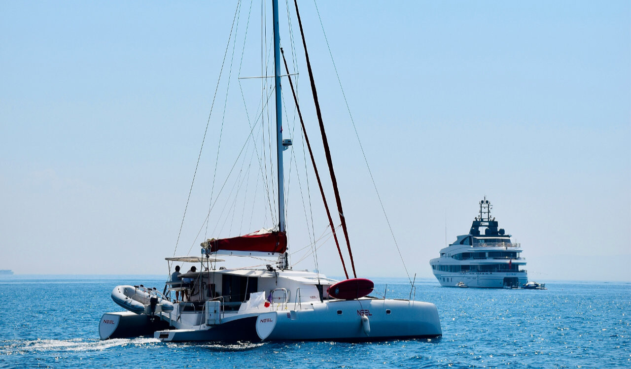 Catamaran sailing near Kaštela, Croatia